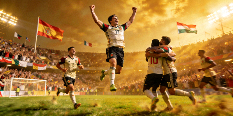 世界杯决赛精彩瞬间，球员庆祝进球