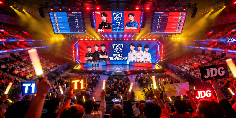 英雄联盟全球总决赛S赛现场，巨大舞台与观众